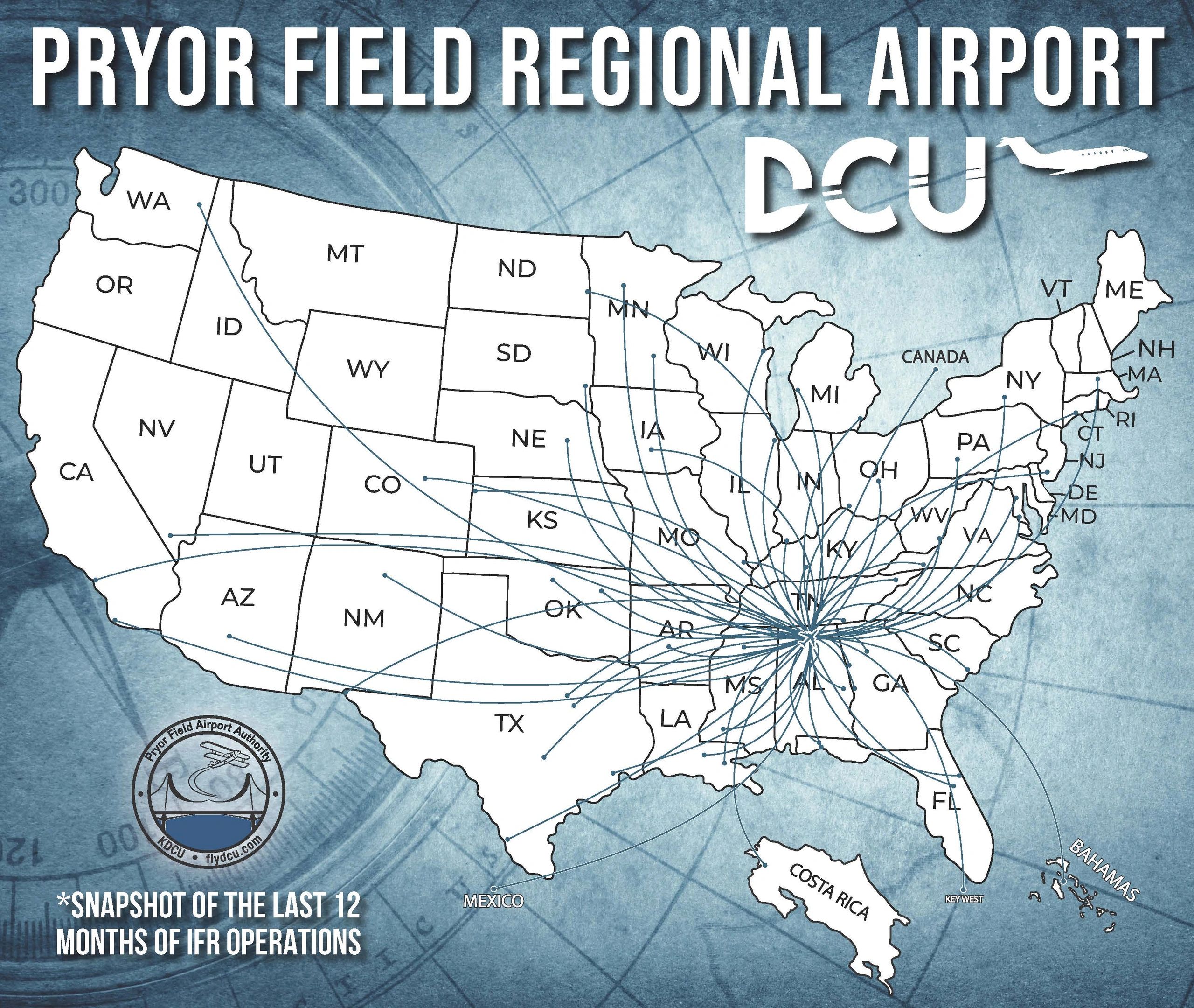 Pryor Field Regional Airport IFR operations map showing routes across the United States